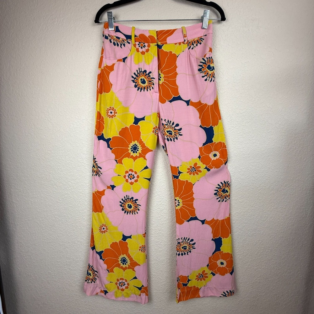 Zara Floral Print Crop Pants Pink Orange Yellow Retro Mod Straight Leg Size S